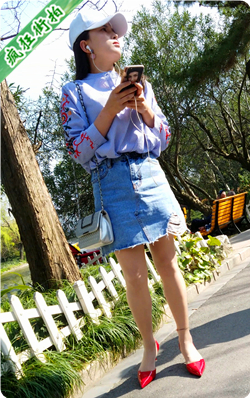 [打底裤] 4K视频！蓝色牛仔短裙肉丝红高跟漂亮长发MM-979MB